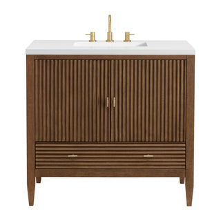 36 Inch Myrrin Freestanding Vanity in Mid-Century Walnut / White Zeus Top