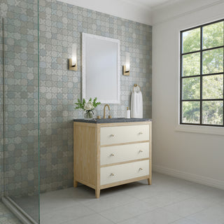 36 Inch Celeste Freestanding Vanity in Sunwashed Oak with Embossed Shagreen Drawer Fronts / Parisien Bleu Top