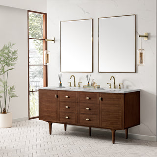 72 Inch Amberly Dual Mount Vanity in Mid-Century Walnut / Eternal Jasmine Pearl Top