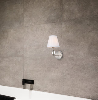 Bethany 1 light bath sconce in satin nickel with white fabric shade