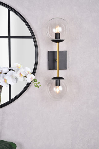 Neri 2 lights black and brass and clear glass wall sconce