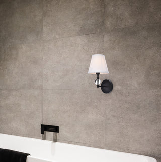 Bethany 1 light bath sconce in black with white fabric shade