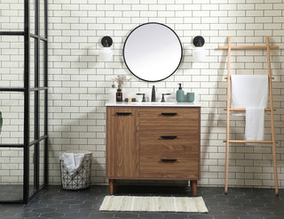 36 inch Single bathroom vanity in walnut brown with backsplash