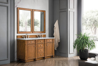 60 Inch Bristol Freestanding Vanity in Saddle Brown / Carrara White Top