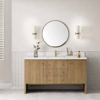 60 Inch Hudson Freestanding Vanity in Light Natural Oak / White Zeus Top