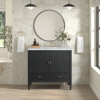 36 Inch Myrrin Freestanding Vanity in Carbon Oak / Carrara White Top