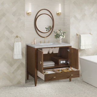 36 Inch Myrrin Freestanding Vanity in Mid-Century Walnut / Victorian Silver Top