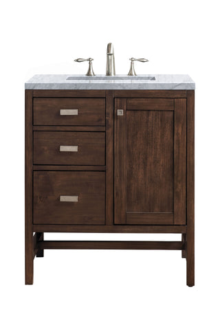 30 Inch Addison Freestanding Vanity in Mid-Century Acacia / Carrara White Top