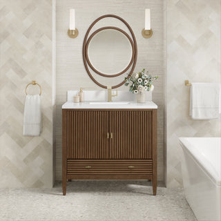 36 Inch Myrrin Freestanding Vanity in Mid-Century Walnut / White Zeus Top