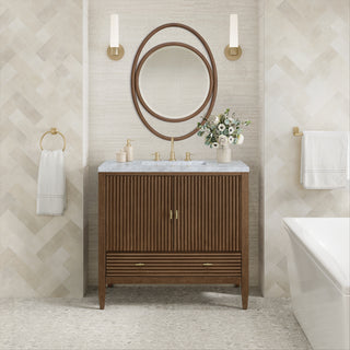 36 Inch Myrrin Freestanding Vanity in Mid-Century Walnut / Carrara White Top
