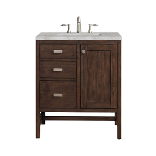 30 Inch Addison Freestanding Vanity in Mid-Century Acacia / Victorian Silver Top
