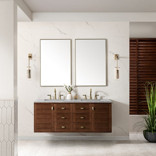 60 Inch Amberly Dual Mount Vanity in Mid-Century Walnut / Eternal Jasmine Pearl Top